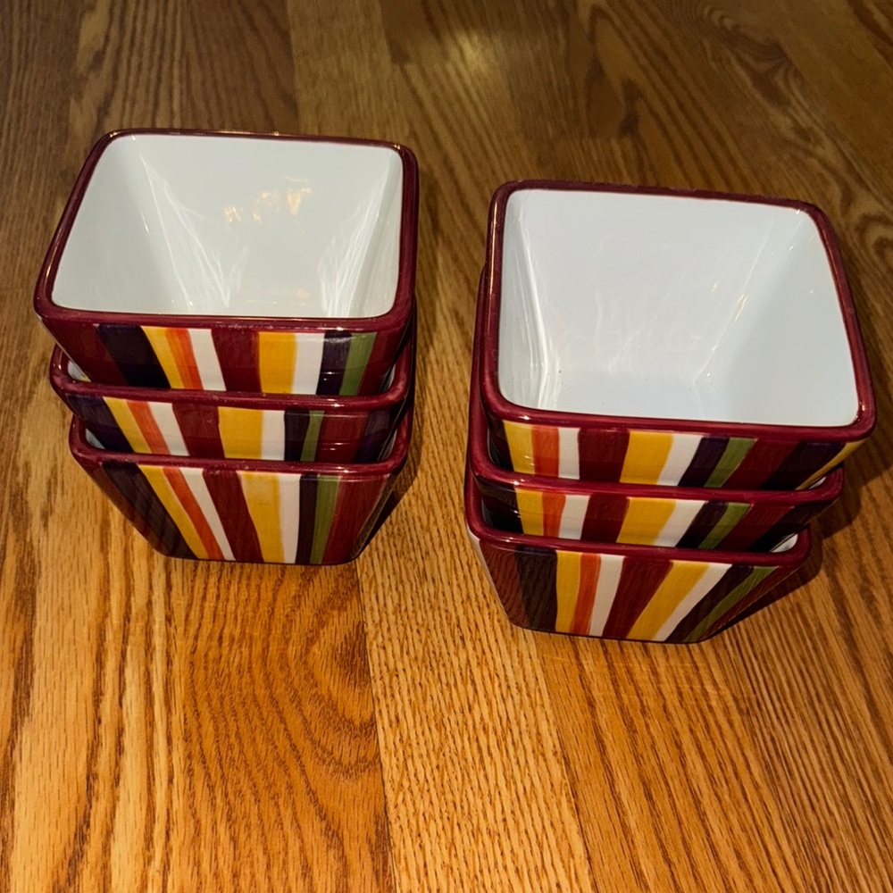 Stack of Square Ceramic Bowls with Striped Exterior - Red, Yellow, Green Accent